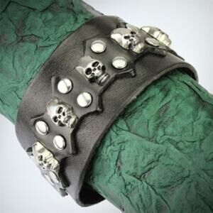 NWOT Leather Bracelet‎ with Multi Skulls and Round Studs with Spike Center